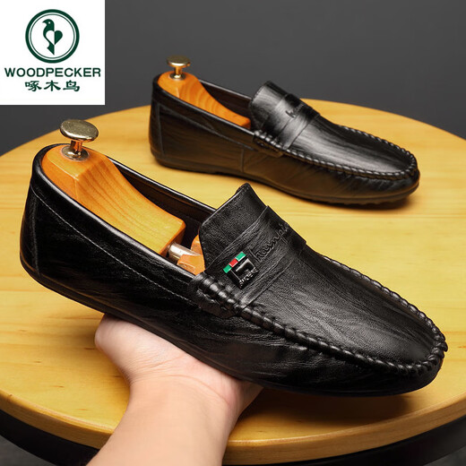 Woodpecker Beanie Shoes Men's Spring and Autumn New Men's Shoes Korean versatile Men's Casual Leather Shoes One-Part Driving Lazy Shoes 825 White 39