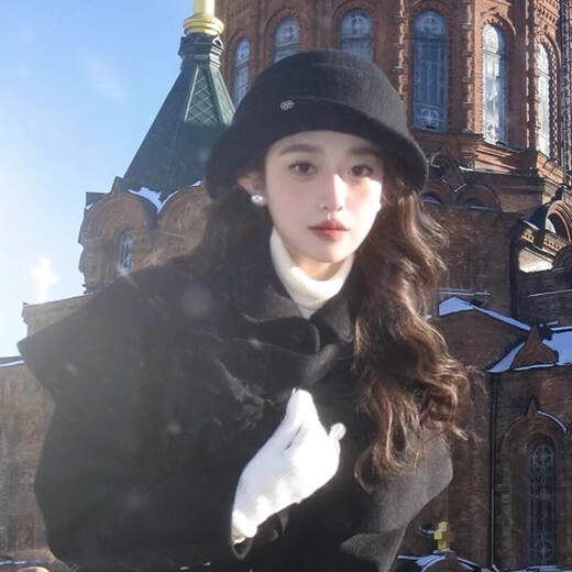 Yupinjia black Hepburn style curly top hat daughter's hat women's 2026 autumn and winter high-end warm and versatile fisherman hat black woolen hat circumference 55-59cm