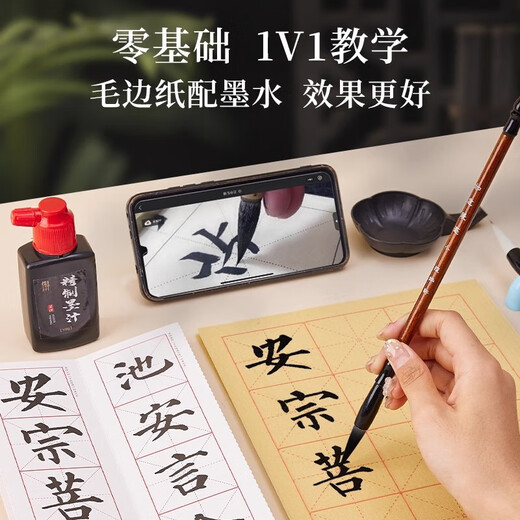 Beginner set for calligraphy brush calligraphy for primary school students, third-grade children, brush calligraphy, study room four treasures, pen, ink, paper, inkstone and millimeter, full set of professional storage tools, trial version 8-piece set, 50 sheets of practice paper