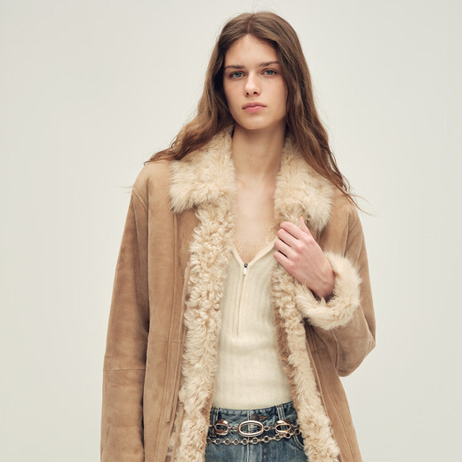 Fu Zhien black tea maple sugar Italian imported Tuscan lapel fur one-piece short fur coat for women tea apricot M