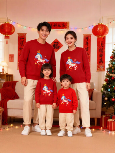Mishide New Year of the Horse New Year parent-child outfit sweatshirt 26 New Year of the Horse parent-child outfit family of three and four pictures round neck printing thickened burgundy cm5 130