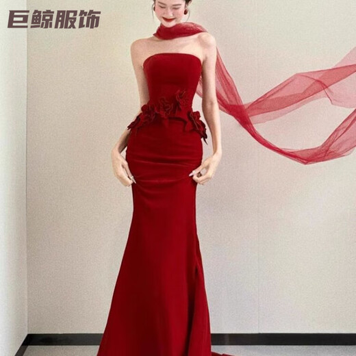 Tromlfz toast dress bride new tube top beautiful light wedding dress bride dressing gown red engagement dress skirt small tail burgundy L