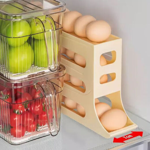 He Jiagong egg storage box refrigerator side door storage box rolling egg food grade egg rack automatic rolling egg box crisper cream white can hold 30 pieces/automatic rolling egg