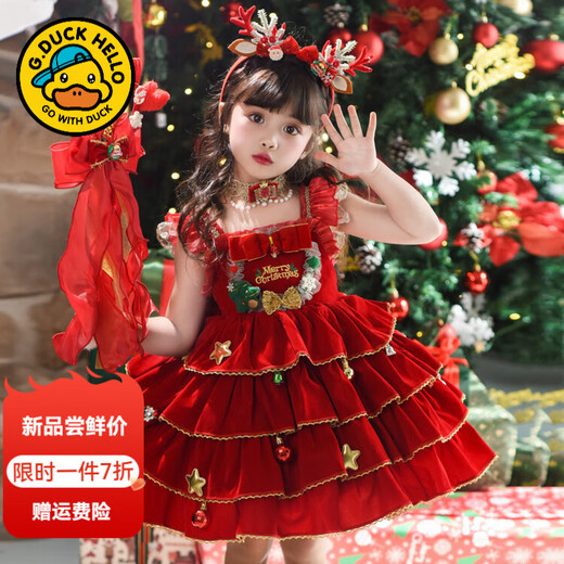G.duck Little Yellow Duck Christmas Children's Clothing Girls Dress Autumn and Winter Plush Lolita Princess Dress Performance Dress Single Skirt 90 Size 1~2 Years Old 80-90cm