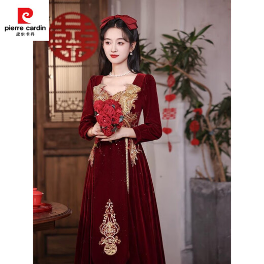 Pierre Cardin (pierre cardin) large size toast dress bride wedding burgundy long-sleeved velvet fat mm new Chinese style homecoming dress engagement dress for women spring burgundy one-size-fits-all private customization non-refundable and non-exchangeable