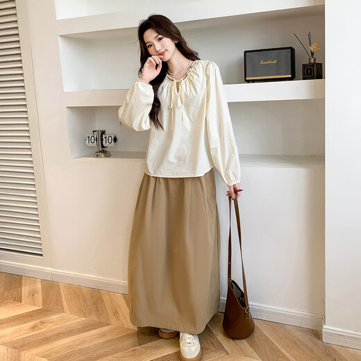 Ives (ITISF4) sweet temperament shirt spring design drawstring round neck versatile loose long-sleeved top apricot S