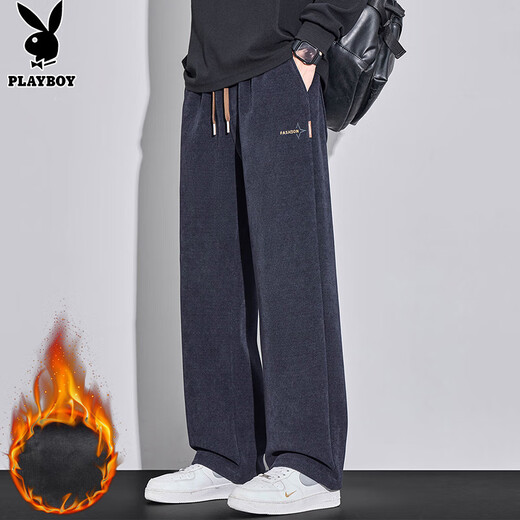 Playboy (PLAYBOY) pants men's sheep wool casual pants men's winter loose straight plus velvet thickened warm wide-leg trousers