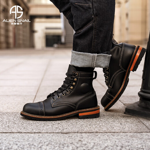 Alien Snail Retro Work Boots Men's British Style Casual Cycling Shoes Genuine Leather Motorcycle Boots High Top Martin Boots Men's Shoes Black 39
