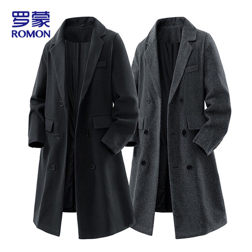 ROMON windbreaker men's woolen coat winter casual warm lapel loose mid-length coat black 2XL