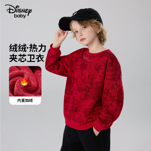 Disney Children's Clothing Boys' Sweatshirts 2026 Spring and Autumn New Style Non-Fleet Two-Color Round Neck Thickened Collar Medium and Large Children's Warm Top Trendy Red Bottom Mickey Dark Pattern 160