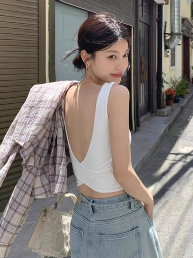 Sexy Backless Suspender Women's Spring Summer 2025 Slim Fit Bottoming Top with Breast Pad and Short Sports Vest White S