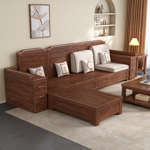 Solid wood sofa living room small apartment new Chinese style black walnut high box chaise combination modern simple wooden furniture four seats + chaise couch + middle box + coffee table + TV cabinet