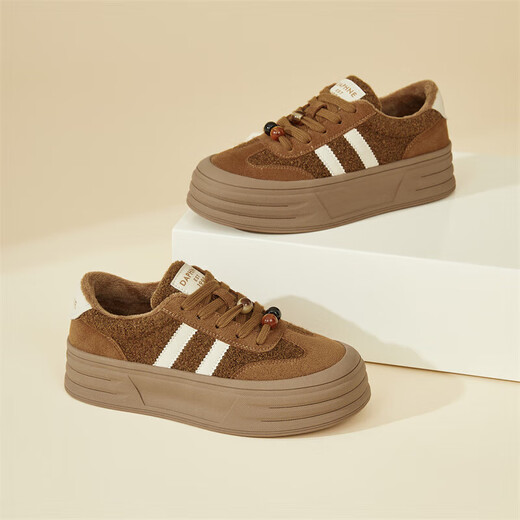 DAPHNE Daphne winter velvet and height-increasing cotton shoes for women 2025 new American campus thick-soled all-match casual sports moral training sneakers caramel color velvet heel height 4cm 35 (225mm)