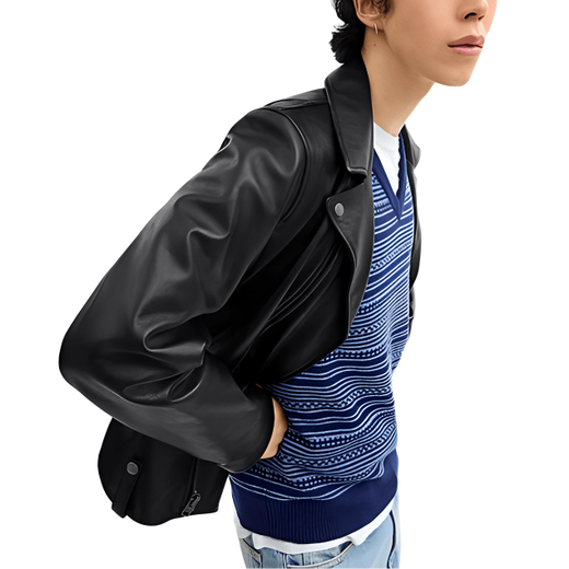 COACH SS24 solid color zipper lapel long-sleeved leather jacket for men black black S