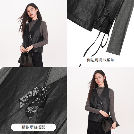 Fragment (dribs&drabs) suit for women 2026 spring new half-high collar with slim fit bottoming shirt with lace-up temperament and elegant leather vest, black L