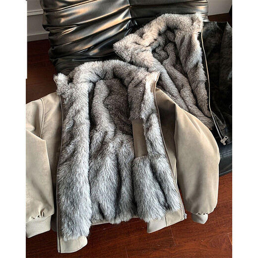 Luyal Mountain Carved Fur Collar PU Leather Cotton Clothes Men's Winter Plush Thickened Jackets American Hiphop Handsome and Versatile Cotton Clothes Beige XL