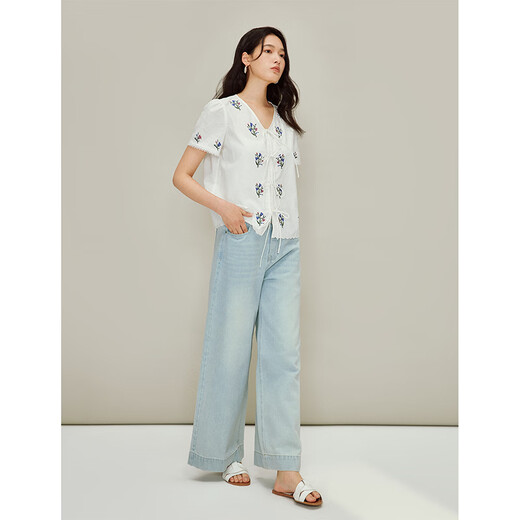 INMAN (INMAN) Inman linen cotton strap V-neck embroidered shirt 2026 spring women's new fresh short-sleeved top Pearl White XL