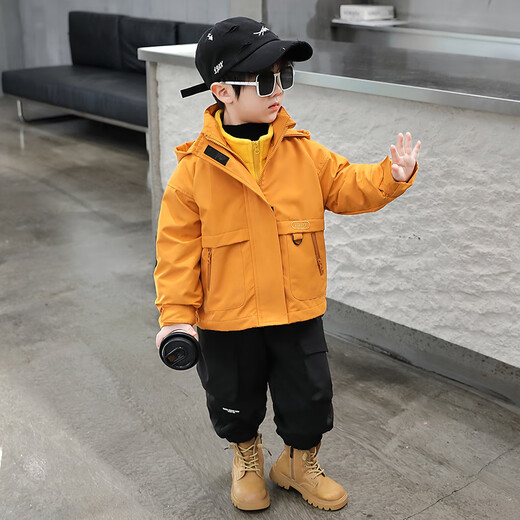 BALA is suitable for boys' coats, spring and autumn 2024 new style, cool and handsome autumn clothes for children, hooded three-in-one yellow jacket 90cm