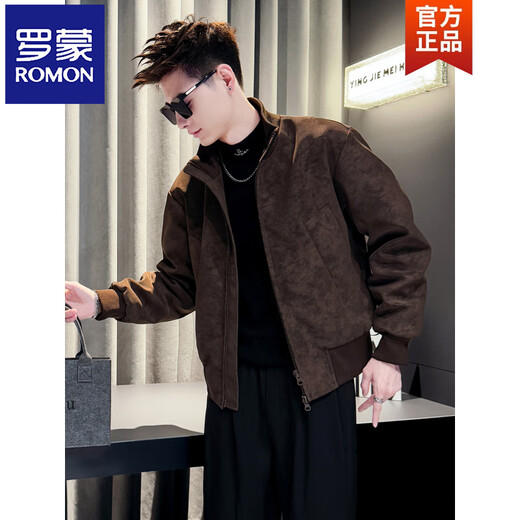 罗蒙（ROMON）男士Pu皮棉衣外套秋冬季加绒休闲男装上衣褂子感潮牌加厚棉服 咖色 M 建议125斤内