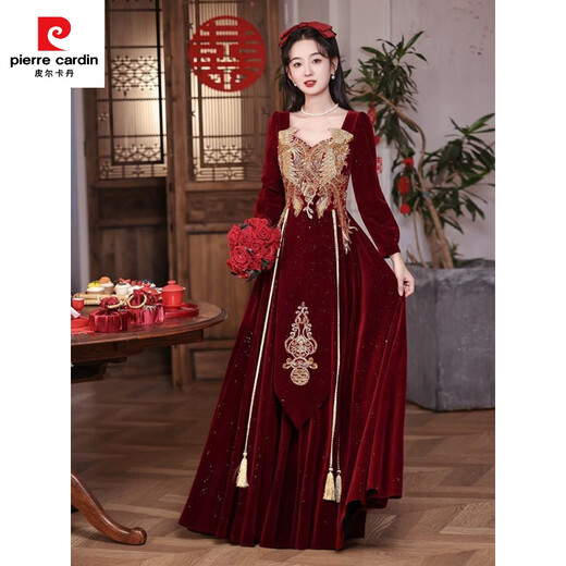 Pierre Cardin (pierre cardin) large size toast dress bride wedding burgundy long-sleeved velvet fat mm new Chinese style homecoming dress engagement dress for women spring burgundy one-size-fits-all private customization non-refundable and non-exchangeable