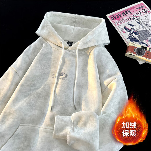 VUUG sweatshirt men's cleanfit American hooded Korean style casual loose versatile plus velvet pullover top white M