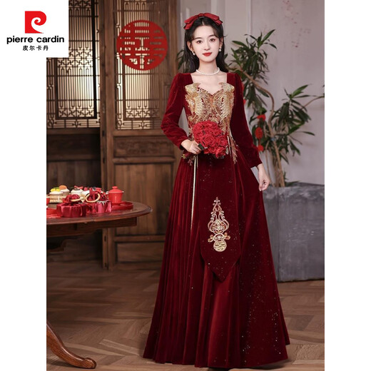 Pierre Cardin (pierre cardin) large size toast dress bride wedding burgundy long-sleeved velvet fat mm new Chinese style homecoming dress engagement dress for women spring burgundy one-size-fits-all private customization non-refundable and non-exchangeable