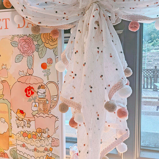 Bedroom retro dream curtain telescopic rod curtain children's room balcony half short curtain pink room window blind curtain rod type retro sugar bean yarn + three weeks of pink large hair ball piece width 100 height 50cm