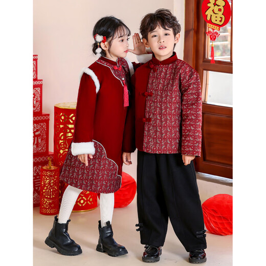 Disney New Year's greetings suit for boys, Tang suit, new Chinese style winter children's Chinese New Year, female cheongsam, kindergarten, New Year's Day children's performance clothing, new Chinese style long-sleeved cotton jacket + woolen pants 100 cm loose fit, don't be too big