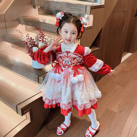 G.duck brand children's clothing Hanfu girls' velvet dress thickened and warm children's winter clothing red princess dress New Year's clothing picture color 110 cm