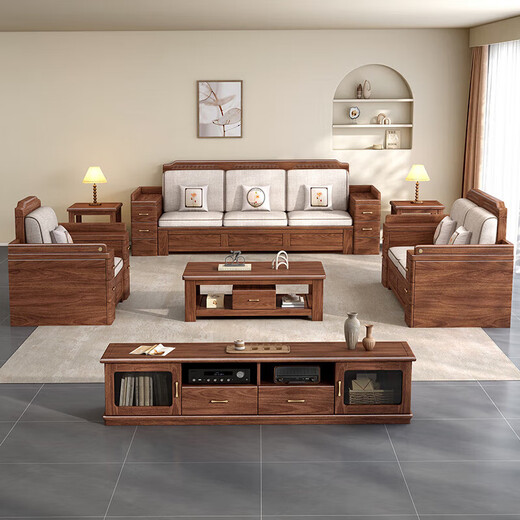 Solid wood sofa living room small apartment new Chinese style black walnut high box chaise combination modern simple wooden furniture four seats + chaise couch + middle box + coffee table + TV cabinet