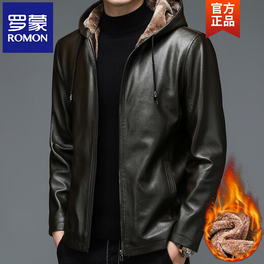ROMON winter velvet thickened men's leather jacket for middle-aged and elderly dads riding windproof PU leather jacket pickle green N210 style M 170