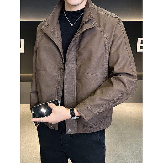 Playboy Leather Men's Jacket Spring and Autumn 2025 New Trendy Brand Stand Collar Men's High-end Handsome Motorcycle Suit Leather Jacket Brown M