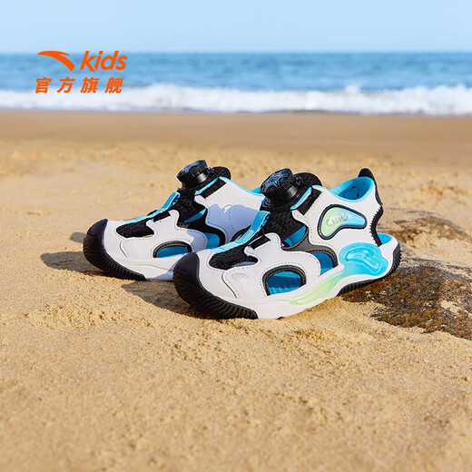 Anta children's sandals, boys' beach shoes, summer toe-cap, comfortable knob-button breathable frame shoes, Anta white/black-2 33, inner length 20.5cm