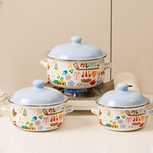 Jingyan enamel cute instant noodles with lid, noodle pot for home kitchen, high-looking lard jar, double ear jar, small enamel, cartoon blue lid enamel pot set (three in total, large, medium and small)