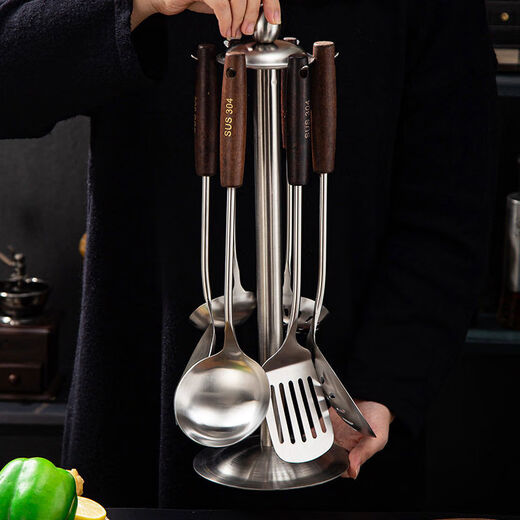 Wing Fantasy 304 stainless steel spatula for cooking, thickened iron shovel, chef's frying spoon, frying spatula, soup spoon, colander, household kitchenware set, five-piece set of spatula + soup spoon + colander + frying spatula + rotating spatula holder