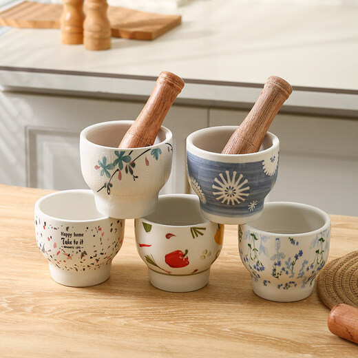 Perfect ceramic garlic mortar, garlic masher, household grinding hammer, stone mortar, garlic mortar, manual garlic jar, garlic cup * lavender * 1 set