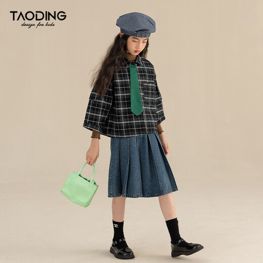Taoding girls' shirt three-quarter sleeves spring and autumn new style medium and large children versatile dark green plaid Korean style loose college shirt dark green 120