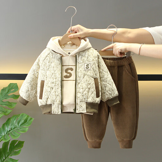 Burwilde International Brand Boys' Winter Clothing Suit Children's Winter Cool and Handsome Plus Velvet Thickened Cotton T-Cotton Jacket for Baby Brown 80 cm