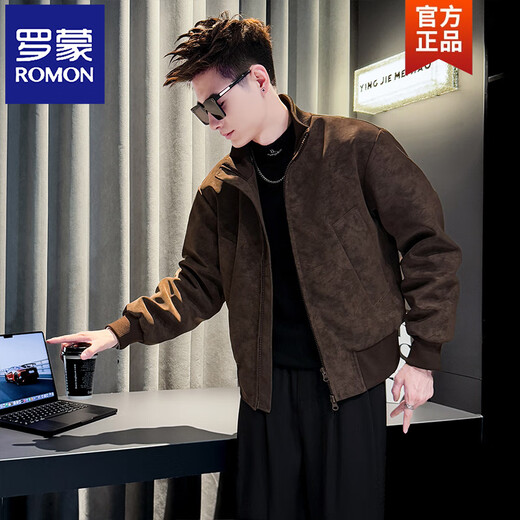 罗蒙（ROMON）男士Pu皮棉衣外套秋冬季加绒休闲男装上衣褂子感潮牌加厚棉服 咖色 M 建议125斤内