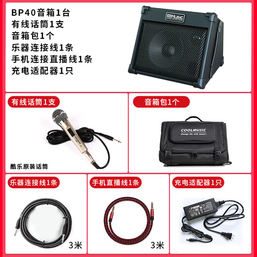 CoolmusicBP40 Outdoor Guitar Singing Speaker Saxophone Electronic Organ Street Performance Singing Live Audio Charging Portable BP40+Wired Microphone+Portable Bag