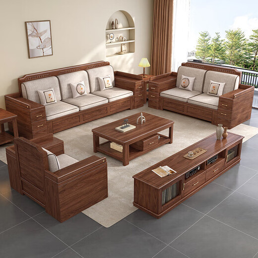 Solid wood sofa living room small apartment new Chinese style black walnut high box chaise combination modern simple wooden furniture four seats + chaise couch + middle box + coffee table + TV cabinet