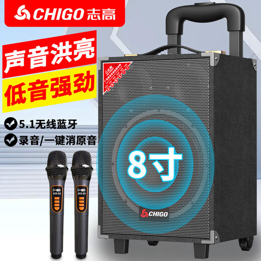 CHIGO Trolley Square Dance Audio Outdoor Karaoke Bluetooth Speaker Special Large Volume Mobile Stage High-Power Stall Heavy Bass High-end Home Mobile Portable Amplifier 8-inch Wooden Box (15-inch Combination Speaker) Standard Edition