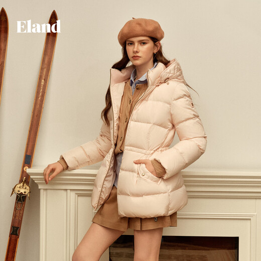 ELAND【鎏光鹅绒服】衣恋羽绒服女连帽中长款外套新款 浅粉色(26)L/Pink S /160