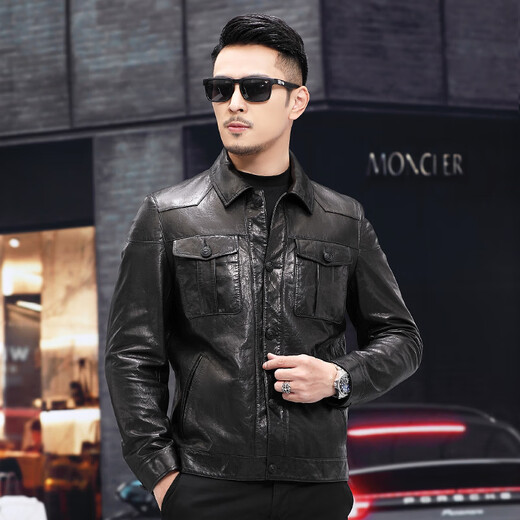 Fat Donglai Supermarket purchasing men's spring and autumn new Haining goatskin oil wax leather jacket casual short jacket same style black L