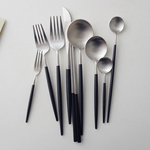Qiao Bo Lai OUDING versatile black and silver knife and fork, stainless steel Western food knife, fork, chopsticks, fruit fork, dessert fork, drink spoon, 9-piece set