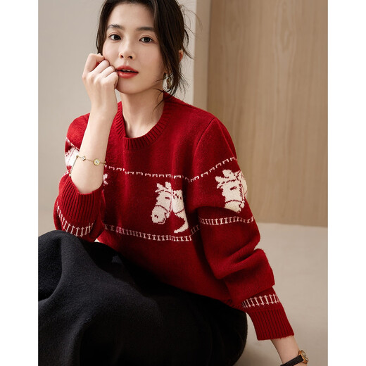 Demana Mengma Shenghua winter warm velvet yarn sweater round neck contrast color jacquard slightly loose women's sweater