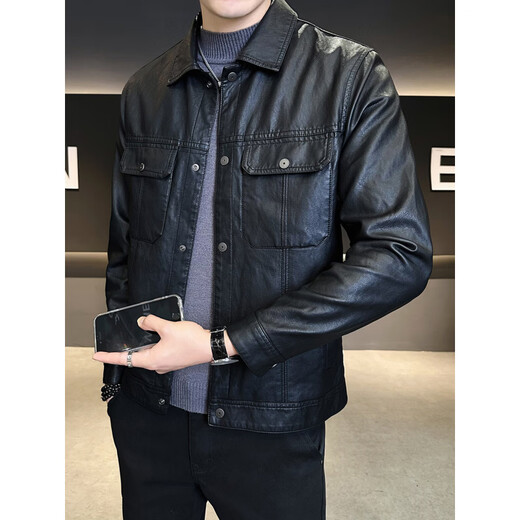 Playboy Leather Jacket Men's Autumn and Winter Plus Velvet Thickened Trendy Brand 2025 New Lapel Slim Motorcycle Leather Jacket Men's Warm Jacket Brown M