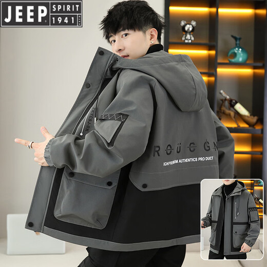 JEEP Jeep work jacket men's autumn and winter new hooded jacket men's velvet thickened winter coat loose warm parka gray spring and autumn XL (about 135-150 Jin Jin equals 0.5 kg can be worn)