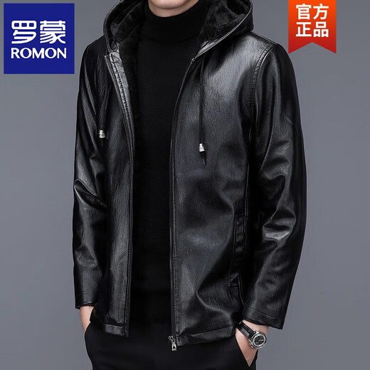 ROMON autumn and winter middle-aged and elderly leather jacket hooded men's leather jacket large size loose casual dad wear velvet thickened jacket 105 coffee color 4XL 190 190-220Jin Jin is equal to 0.5 kg
