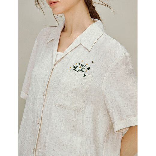 INMAN Linen Embroidered Cuban Collar Shirt 2026 Spring Women's New Loose Short-Sleeved Top Apricot Gray M